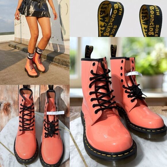 NWT Dr. Marten’s 1460 Patent Lamper Coral Pink Leather Boots Size 8 EU 39 - Picture 1 of 13